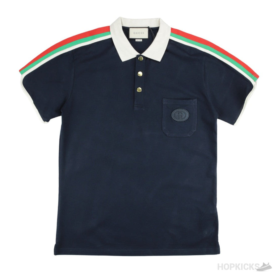Gucii Blue Cotton Jersey Polo Shirt With Web (Dot Perfect)