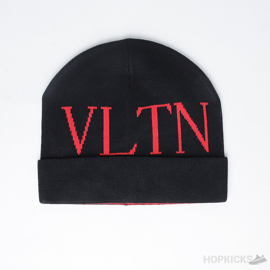 VLTN Red Print Beanie Black