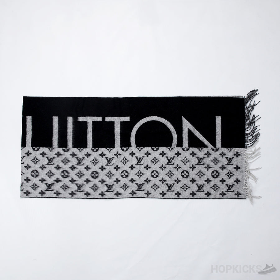 LV Black Grey Cashmere Silk Monogram Split Logo Scarf