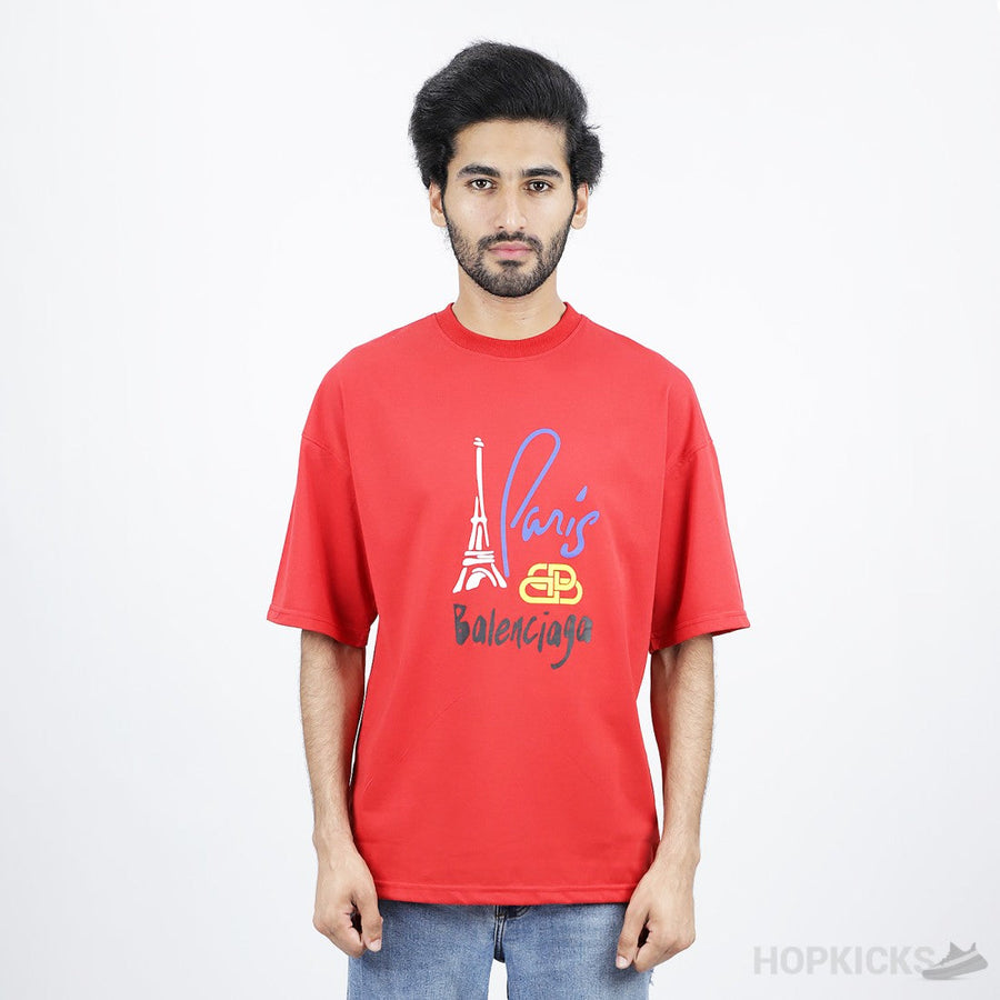 Balenciaga Paris Print Logo Red T-Shirt