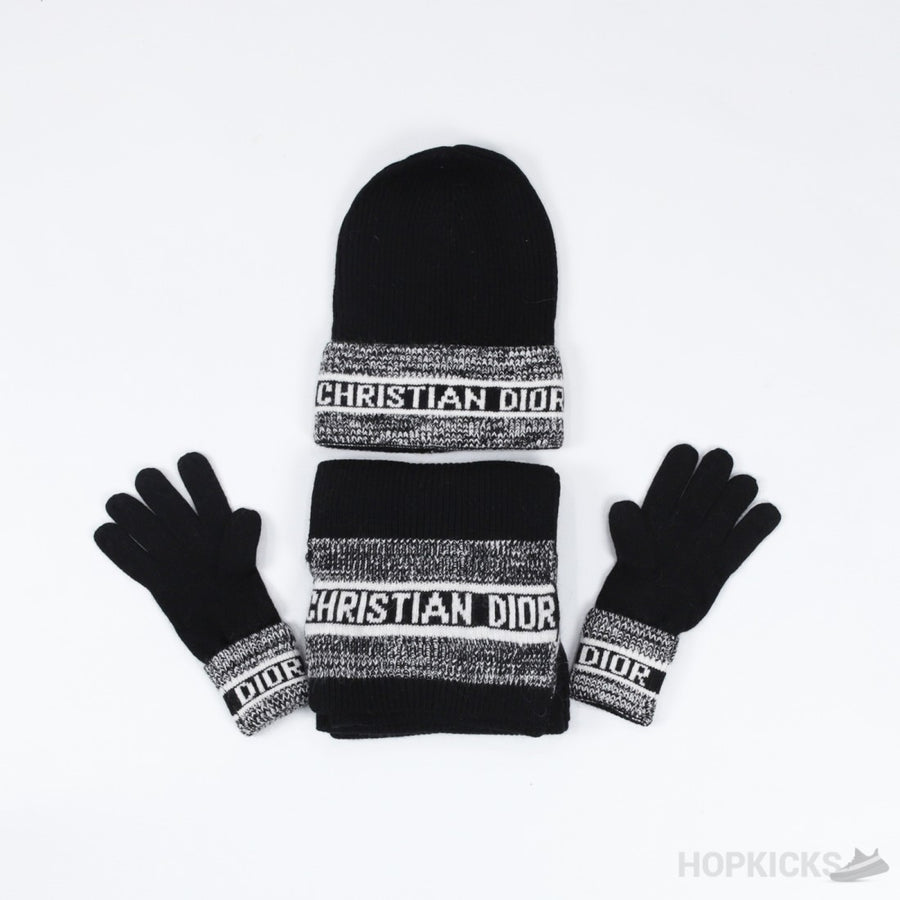 CD Stripe Hat, Scarf Set Black and Grey