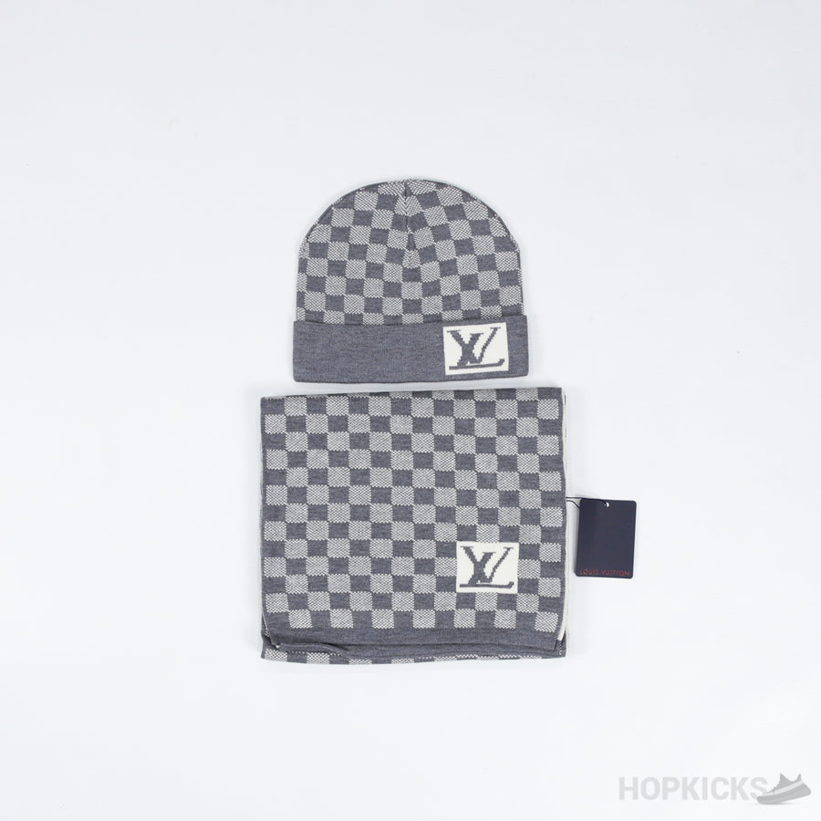 LV Hat, Scarf Set White and Grey