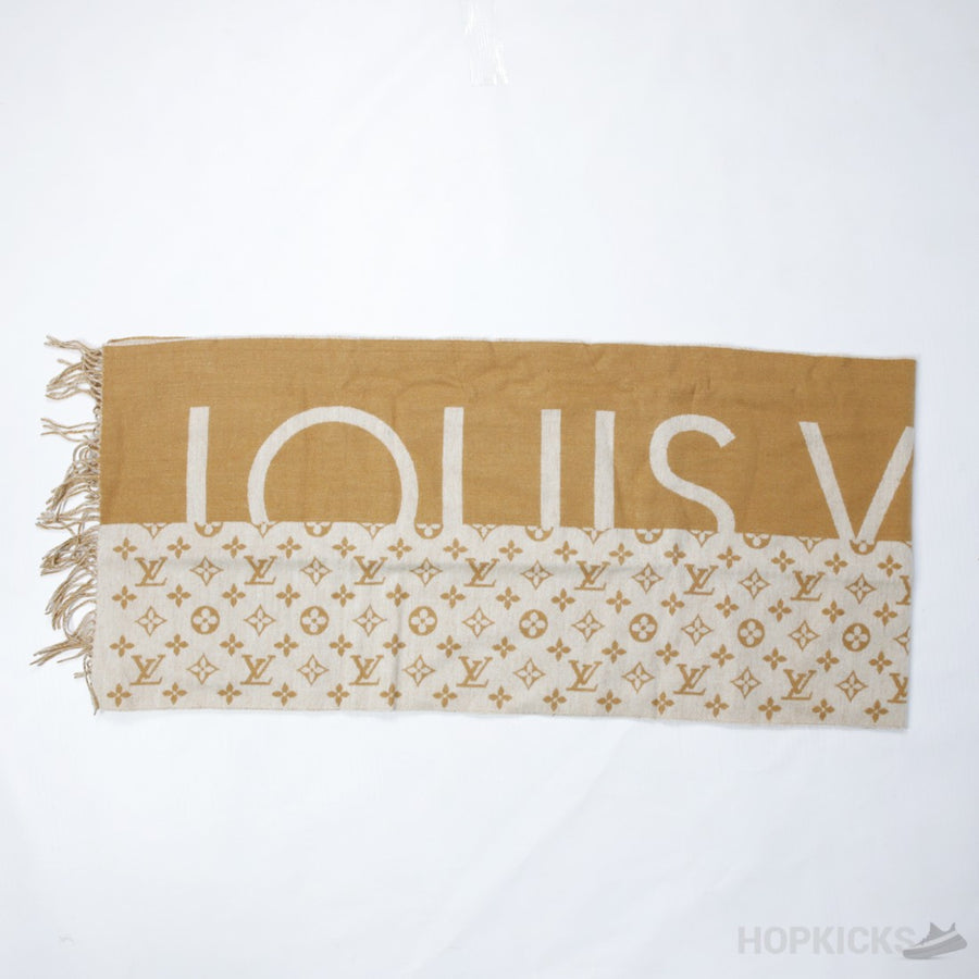 LV Brown White Cashmere Silk Monogram Split Logo Scarf