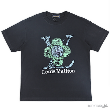 L.V Flower Printed Black T-shirt (Imported Premium Finish)