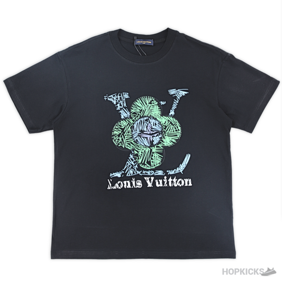 L.V Flower Printed Black T-shirt (Imported Premium Finish)