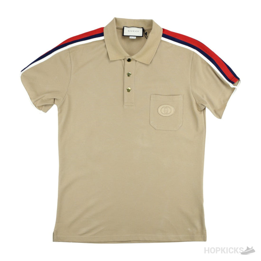 Gucii Beige Cotton Jersey Polo Shirt With Web (Dot Perfect)