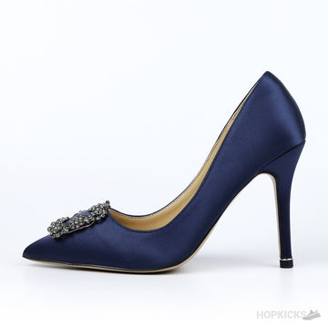 Manolo Blahnik Navy Blue Satin Hangisi Pumps (Dot Perfect)