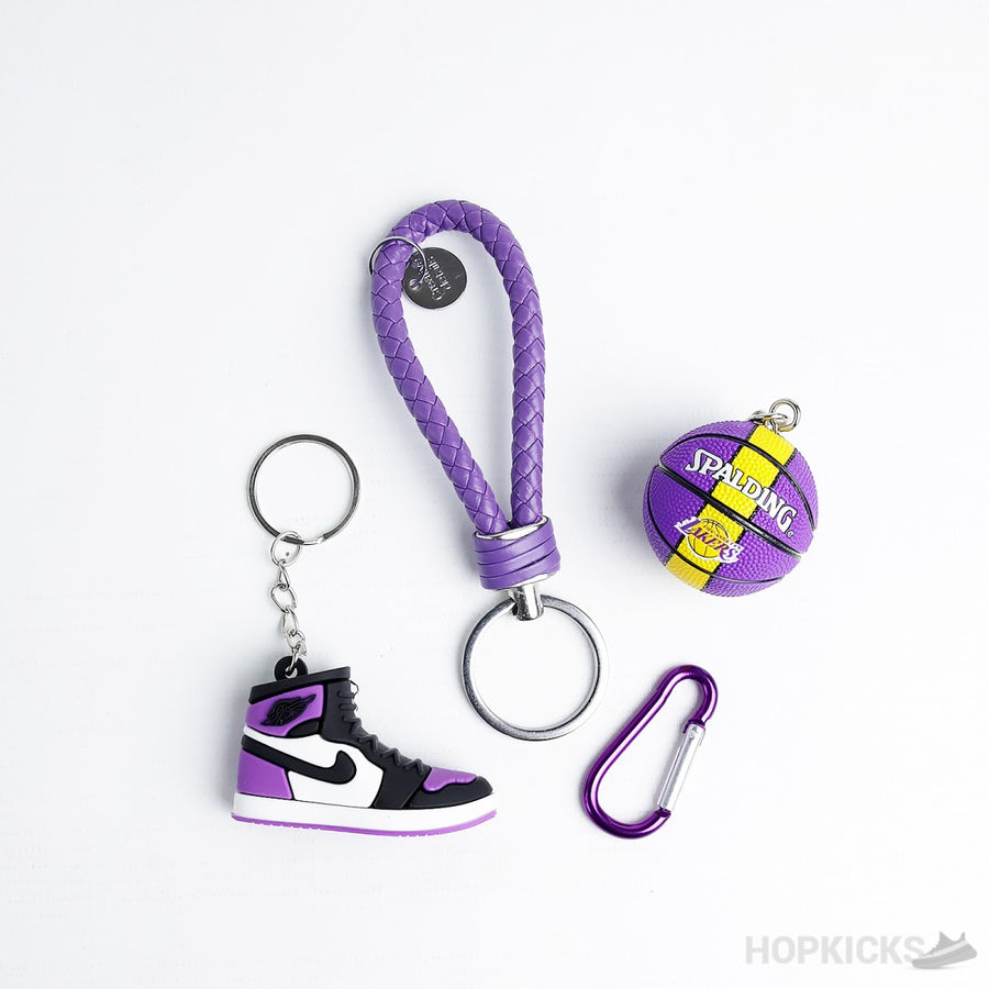 Jordan 1 Purple 3D Sneaker With LA Lakers Basketball And Knife Keychain