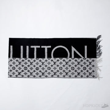 LV Black Grey Cashmere Silk Monogram Split Logo Scarf