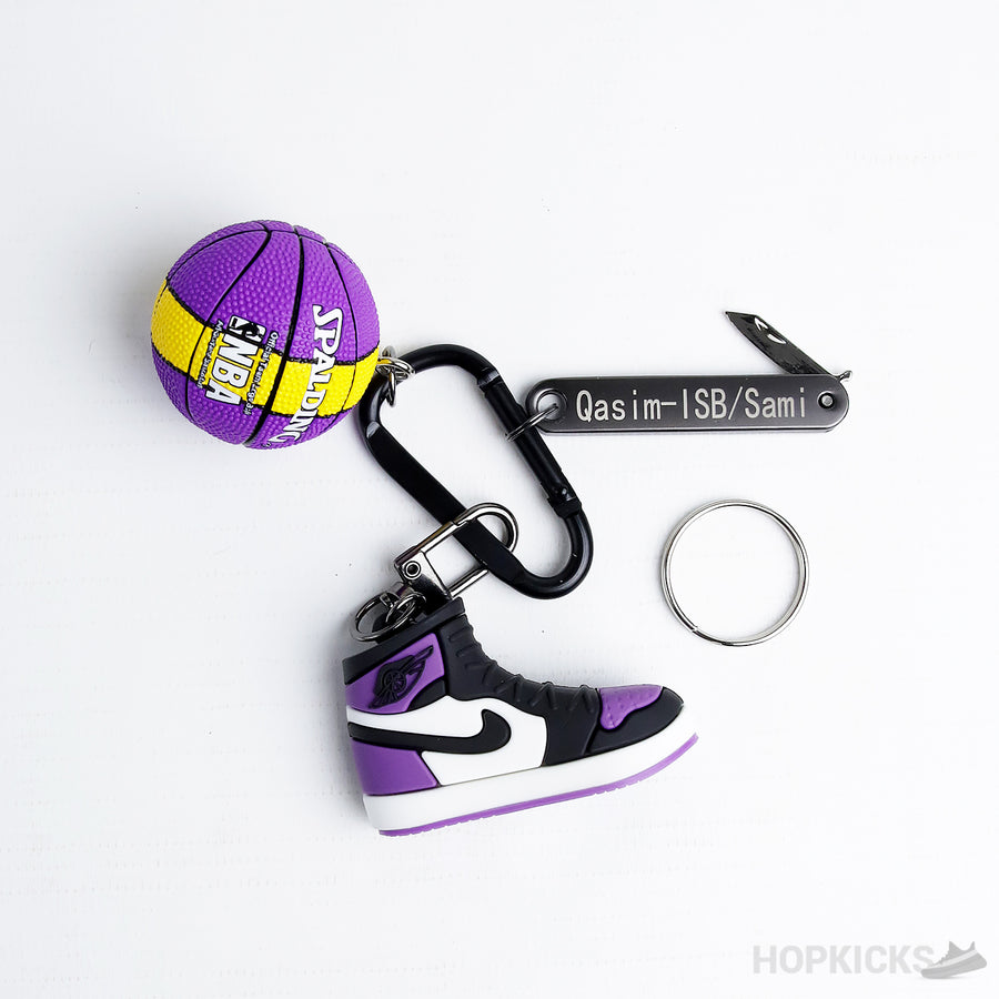 Jordan 1 Court Purple 3D Sneaker With LA Lakers Basketball & Knife Keychain
