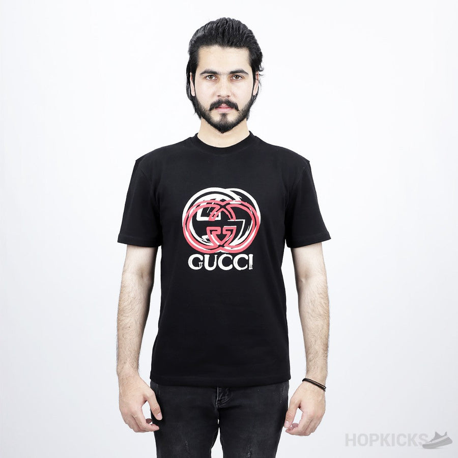 G.U.C.C.I Red White Logo Black T-Shirt