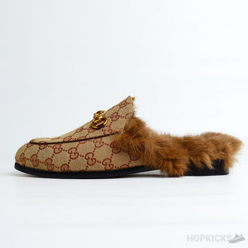 GCC Princetown Beige GG Canvas Fur Mules