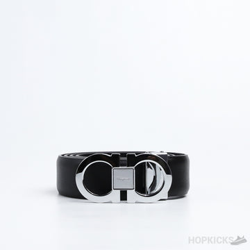 F*rragamo Gancini Silver Logo Buckle Black Leather Belt