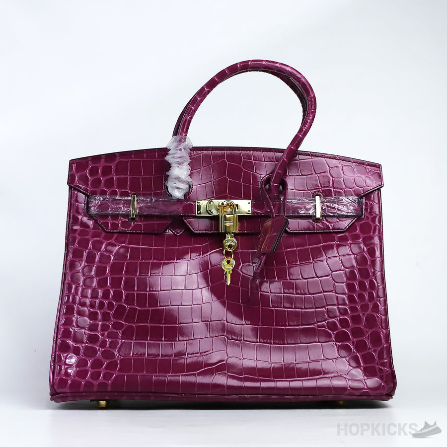 H*rmes Shiny Bordeaux Crocodile Birkin Bag Gold Hardware