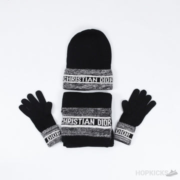CD Stripe Hat, Scarf Set Black and Grey