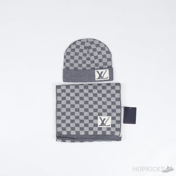 LV Hat, Scarf Set White and Grey