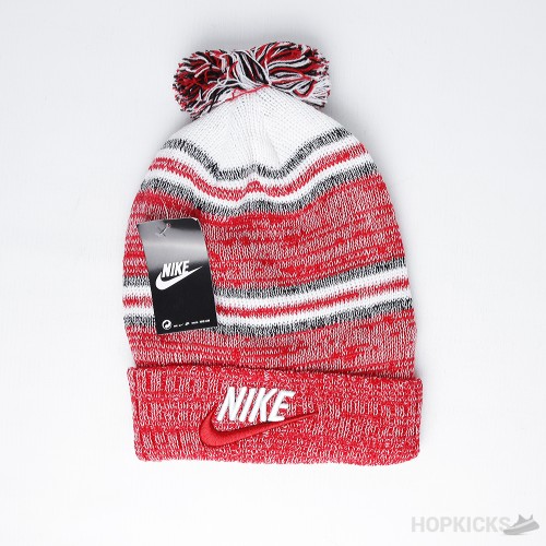 Nike Print Logo Stripped Beanie with Pom Pom