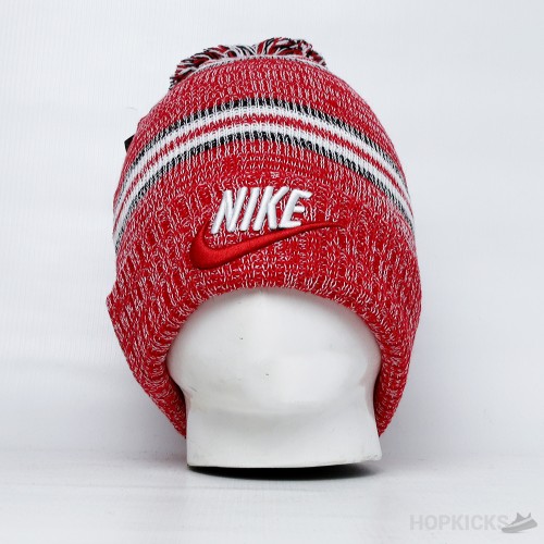 Nike Print Logo Stripped Beanie with Pom Pom