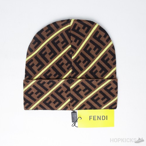 Fendi Ff Logo Beanie in Brown with Yellow Stripe