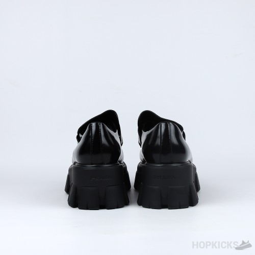 Prada Monolith Brushed Leather Black Loafers (Prada triangle logo zipped drawstring hoodie)